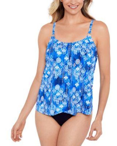 Swim Solutions Printed Overlay Tankini Top Mid Rise Bikini Bottoms - Blue
