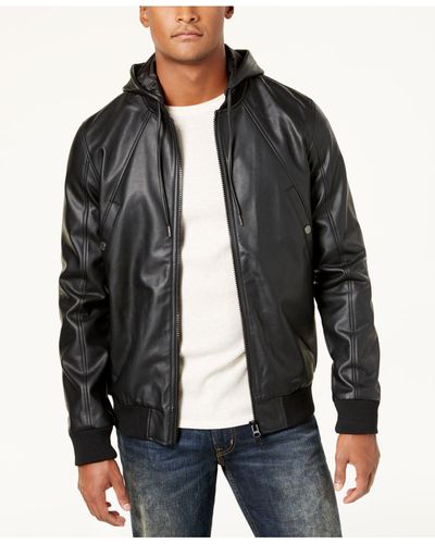LRG Men's Faux-leather Hooded Bomber Jacket - Black