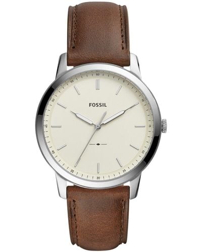 Fossil Minimalist Brown Leather Strap Watch 44mm - Gray