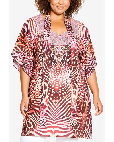 Avenue Plus Size Retreat Beaded Tunic Top - Red