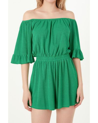 Free the Roses Off The Shoulder Knit Romper - Green
