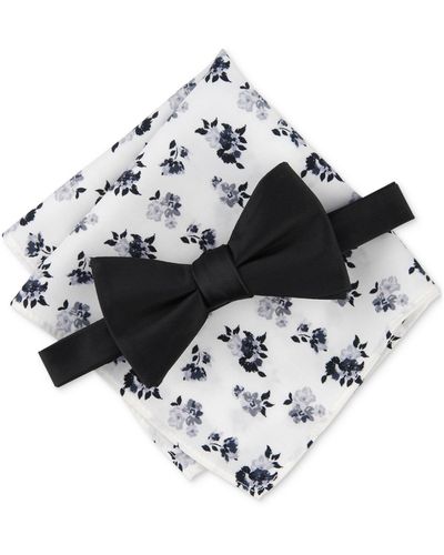 BarIII Davlyn Solid Bow Tie & Floral Pocket Square Set - White