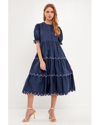 English Factory Contrast Scallop Edge Midi Dress - Blue