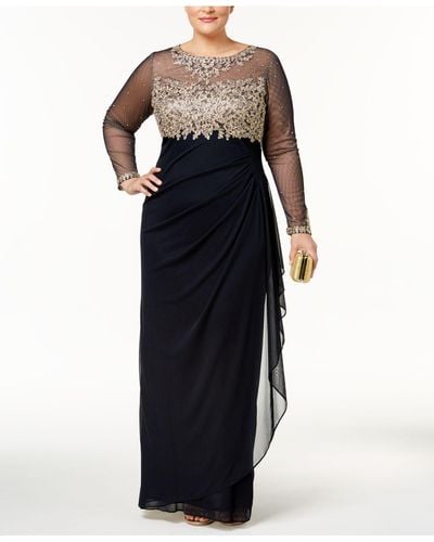 Xscape Plus Size Embroidered Illusion Gown - Blue