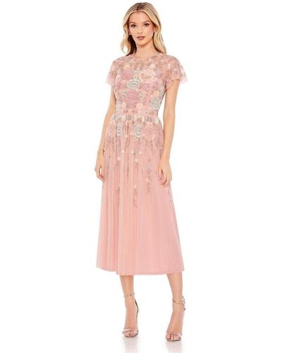 Mac Duggal Embellished Illusion High Neck Butterfly Sleeve Midi Dress - Pink