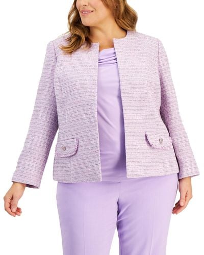 Kasper Plus Size Tweed Fringe-trim Jacket - Purple