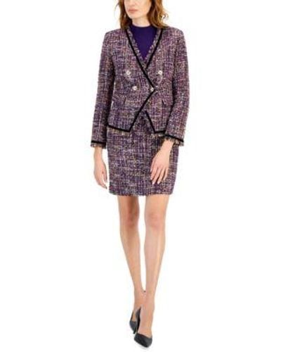 Tahari Velvet Trim Double Breasted Tweed Blazer Short Sleeve Mock Neck Top Boucle Pencil Skirt - Purple