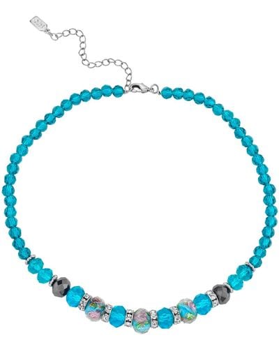 2028 Silver Tone Aqua Pink Floral Beaded Necklace 15" Adjustable - Blue