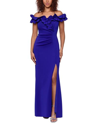 Xscape Ruffled Ruched Scuba Fit & Flare Gown - Blue