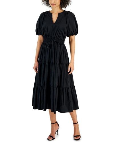 Anne Klein Poplin Tiered Puff-sleeve Midi Dress - Black