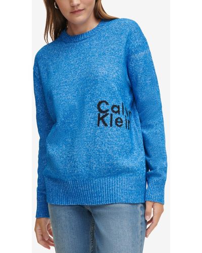 Calvin Klein Intarsia Logo Oversized Crewneck Sweater - Blue