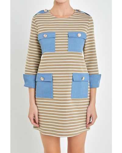 English Factory Striped Jersey Knit Dress With Denim Pockets - Blue