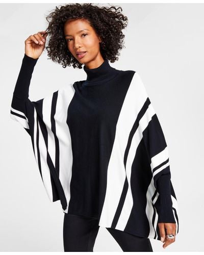 Alfani Striped Turtleneck Poncho Sweater - Black