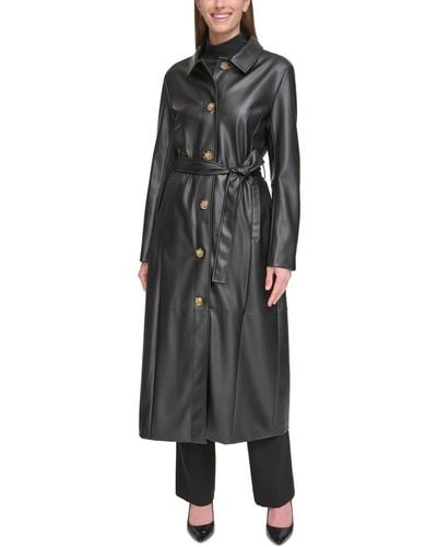 Calvin Klein Belted Faux-leather Trench Coat - Black