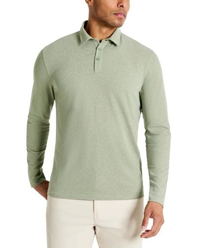 Kenneth Cole 4-way Stretch Heathered Long-sleeve Pique Polo Shirt - Green