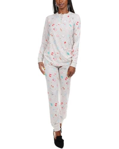 Memoi Holiday Getaway Cotton Blend 2 Piece Pajama Set - White
