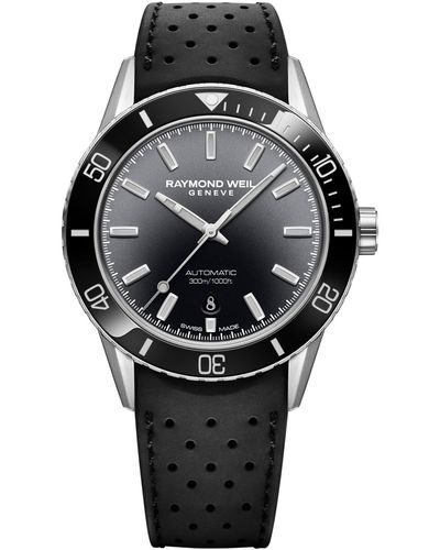 Raymond Weil Swiss Automatic Freelancer Diver Perforated Rubber Strap Watch 43mm - Black