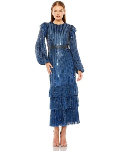 Mac Duggal Long Sleeve Ruffle Detail Sequin Dress - Blue