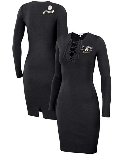 WEAR by Erin Andrews Pittsburgh Steelers Lace Up Long Sleeve Dress - Black