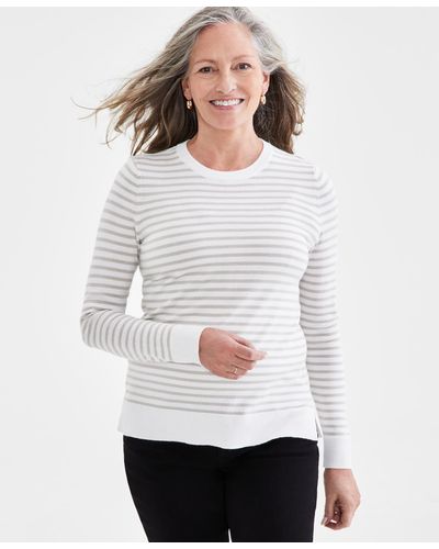 Style & Co. Petite Striped Crewneck Sweater - White