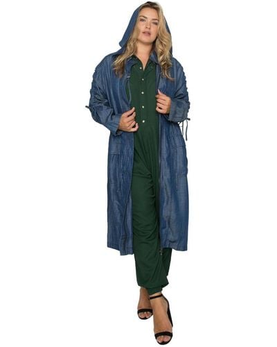 Standards & Practices Plus Size Denim Hooded Long Trench Coat - Blue