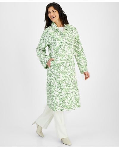 Macy's Flower Show Long A-line Printed Raincoat - Green