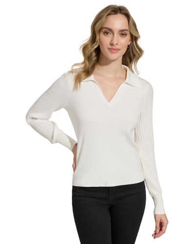 Calvin Klein Collared V-neck Ribbed-sleeve Sweater - White