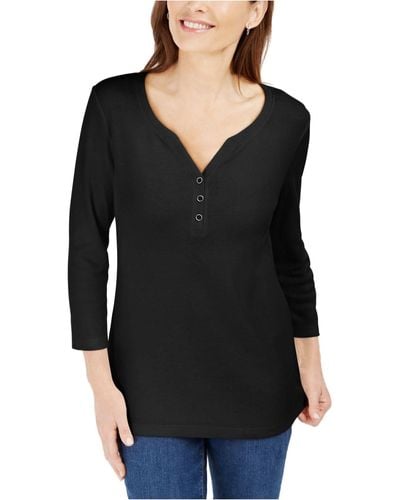 Karen Scott Petite 3/4-sleeve Henley Shirt - Black