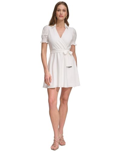 DKNY Petite Collared Tie-waist Short-sleeve Dress - White