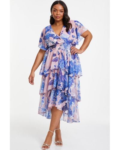 Quiz Plus Size Chiffon Wrap Tiered Dip Dress - Blue