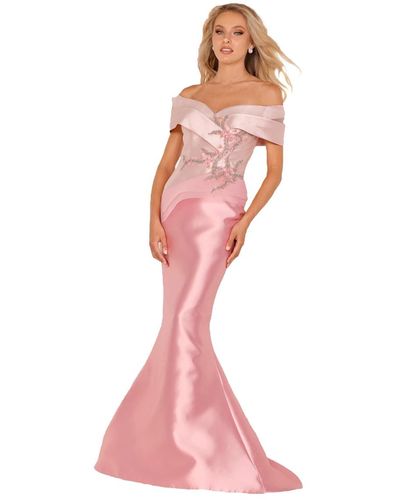 Terani Two Tier Off The Shoulder Beaded Mermaid Dress - Pink