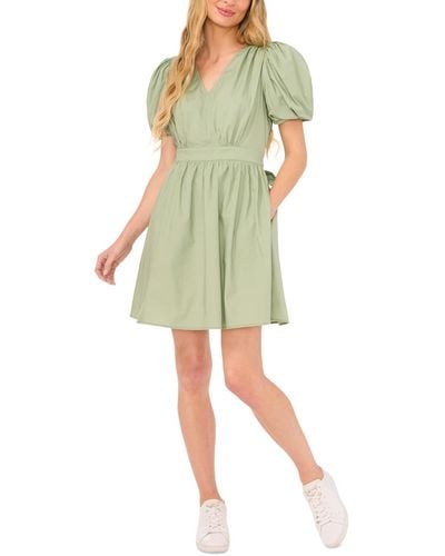 Cece Short Puff-sleeve Belted Mini Dress - Green