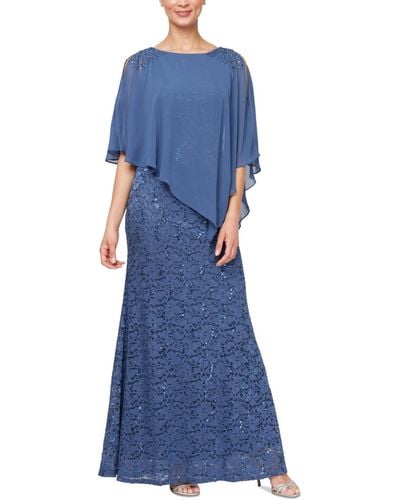 Sl Fashions Sequin Lace Chiffon Caplet Gown - Blue