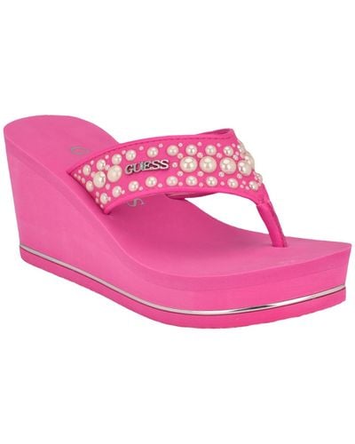 Guess Silus Imitation Pearl Detail Thong Wedge Sandals - Pink