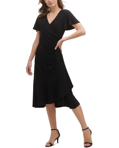 Kensie Flutter-sleeve Midi Dress - Black