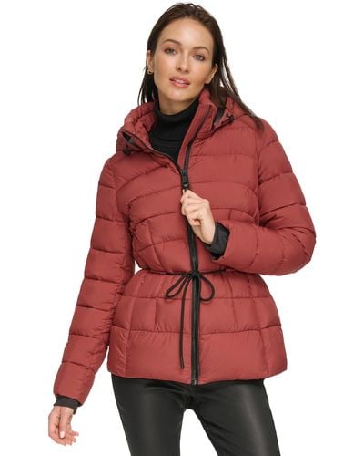 DKNY Rope Belted Hooded Puffer Coat - Red