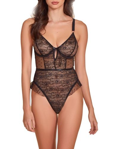 HAUTY Dot Mesh And Lace Ruffled 1 Piece Lingerie Teddy - Brown