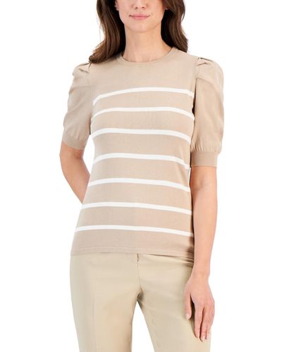 Anne Klein Striped Puff-sleeve Sweater - Natural