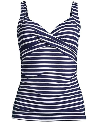 Lands' End Long V-neck Wrap Underwire Tankini Swimsuit Top Adjustable Straps - Blue
