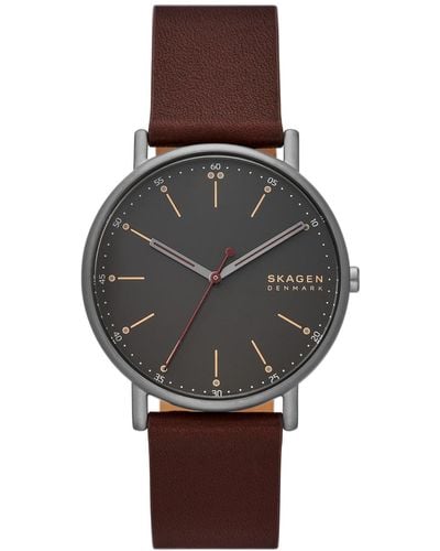 Skagen Signatur Three-hand Wood Leather Strap Watch - Gray
