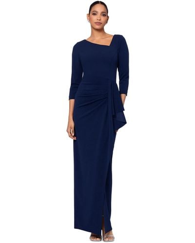Xscape Asymmetric-neck 3/4-sleeve Long Dress - Blue