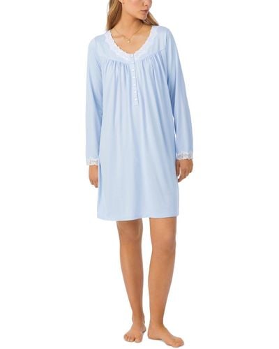 Eileen West Sweater-knit Lace-trim Nightgown - Blue