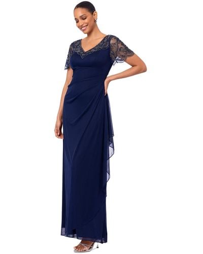 Xscape Beaded Sheer-sleeve Jersey Dress - Blue