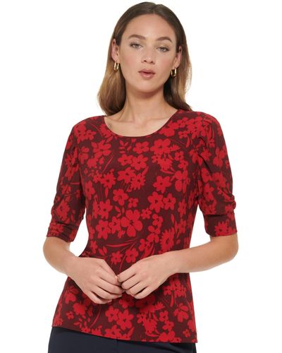 Tommy Hilfiger Floral Print Puff-sleeve Top - Red