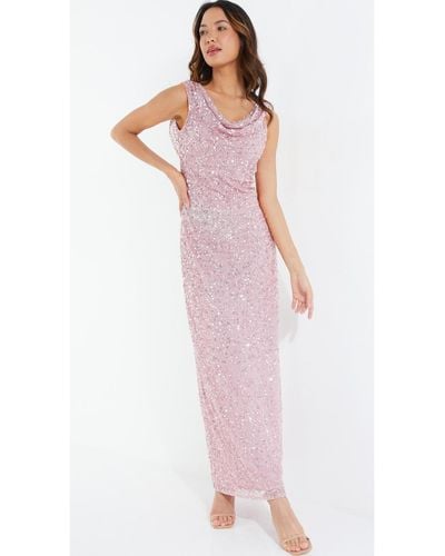 Quiz Cowl Neck Sequin Evening Dress - Pink