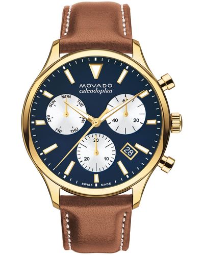 Movado Heritage Calendoplan Swiss Quartz Chronograph Cognac Genuine Leather Strap Watch 43mm - Blue