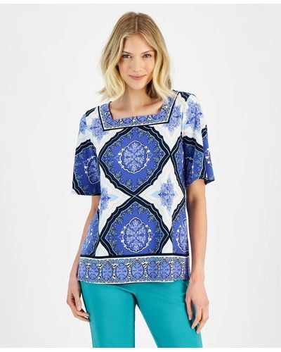 Macy's Jm Collection Printed Square Neck Short Sleeve Top - Blue