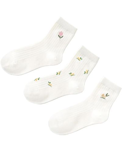 Stems Floral Print Three Pack Socks - White
