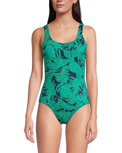 Lands' End Chlorine Resistant High Leg Soft Cup Tugless Sporty One Piece Swimsuit - Green