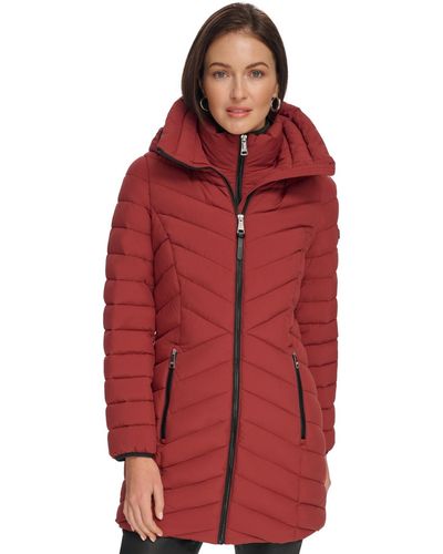 DKNY Bibbed Hooded Lightweight Puffer Coat - Red